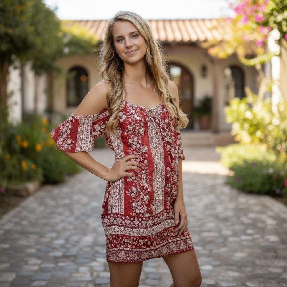Charlotte Russe Red White Floral Cold Shoulder Lace Up Mini Dress Size Medium